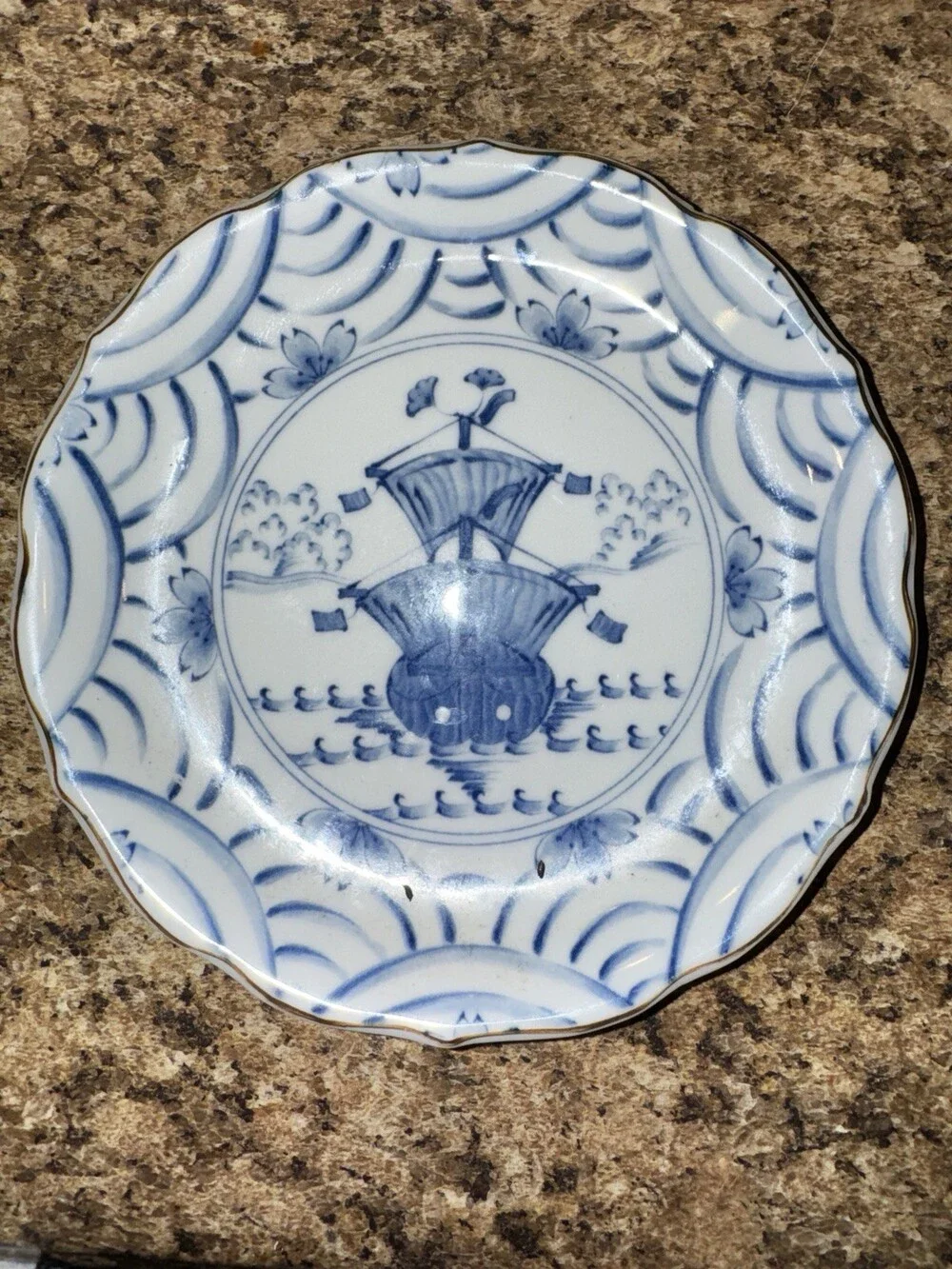 Meissen Blue Onion Porcelain Plate Ship Scene Scalloped Gold Trim Germany